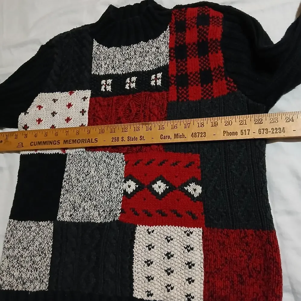 VTG Liz Claiborne Large Mock Neck Cotton Blend Red/Black/White Block Sweater
